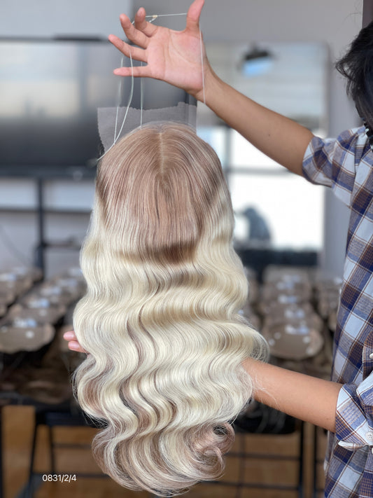 Ash Brown Dark-Root Long Wavy Human Hair Topper Mini Wig, product view 2 — alternate view