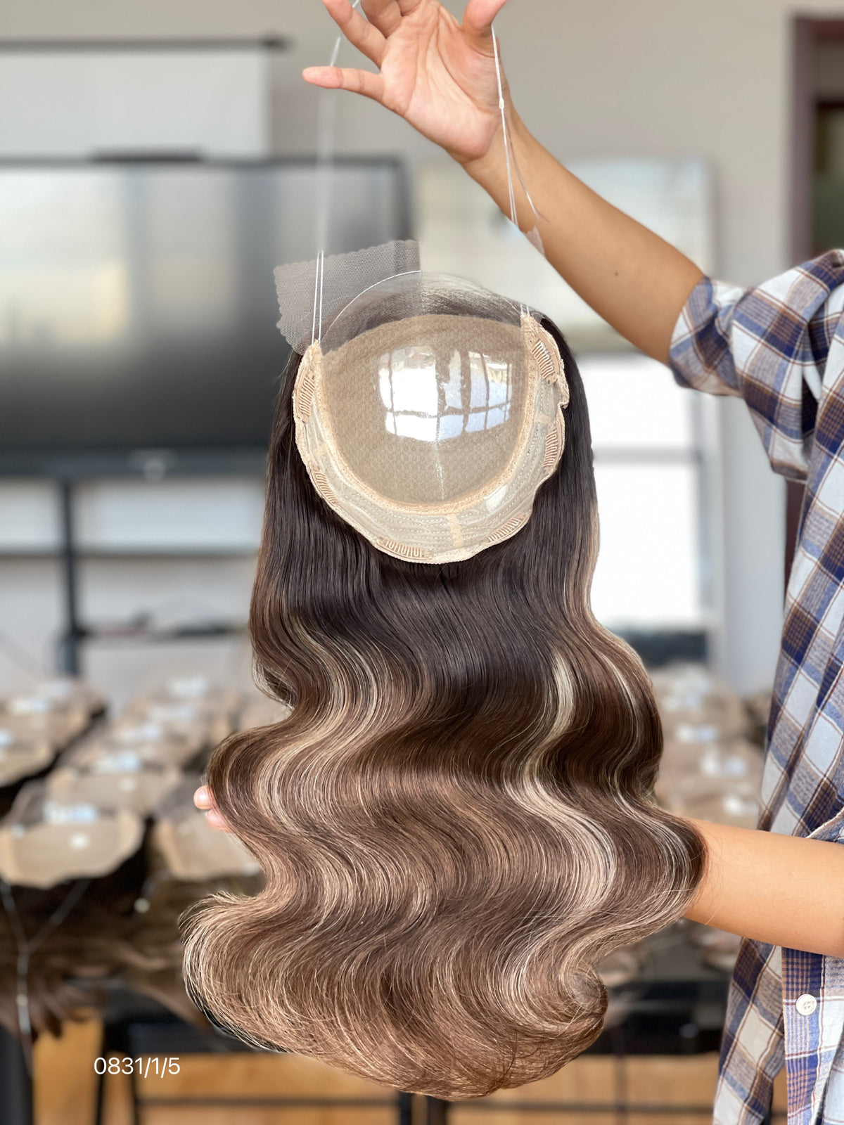 Chocolate Brown Dark-Root Long Wavy Human Hair Topper Mini Wig, product view 4