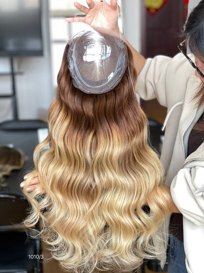 Chocolate Brown Blonde Highlighted Long Wavy Human Hair Topper Mini Wig, product view 5