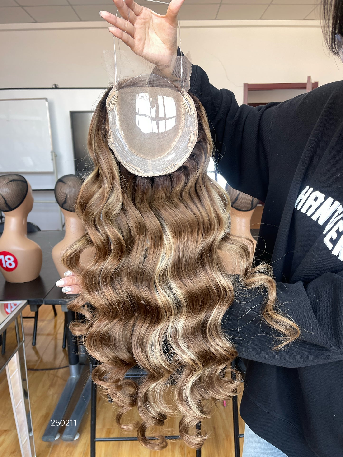 Warm Brown Blonde Highlighted Long Wavy Human Hair Topper Mini Wig, product view 6