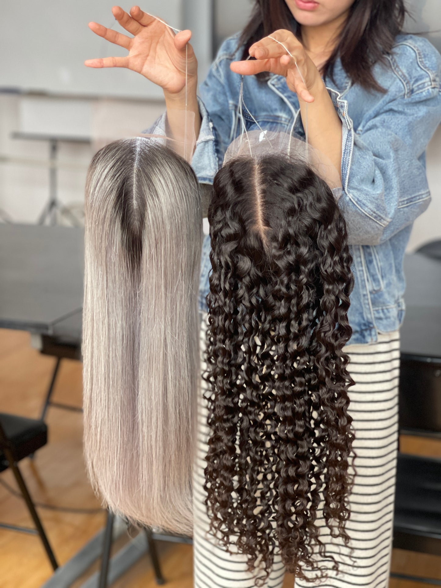 Natural Brown Long Curly Human Hair Topper Mini Wig, product view 7