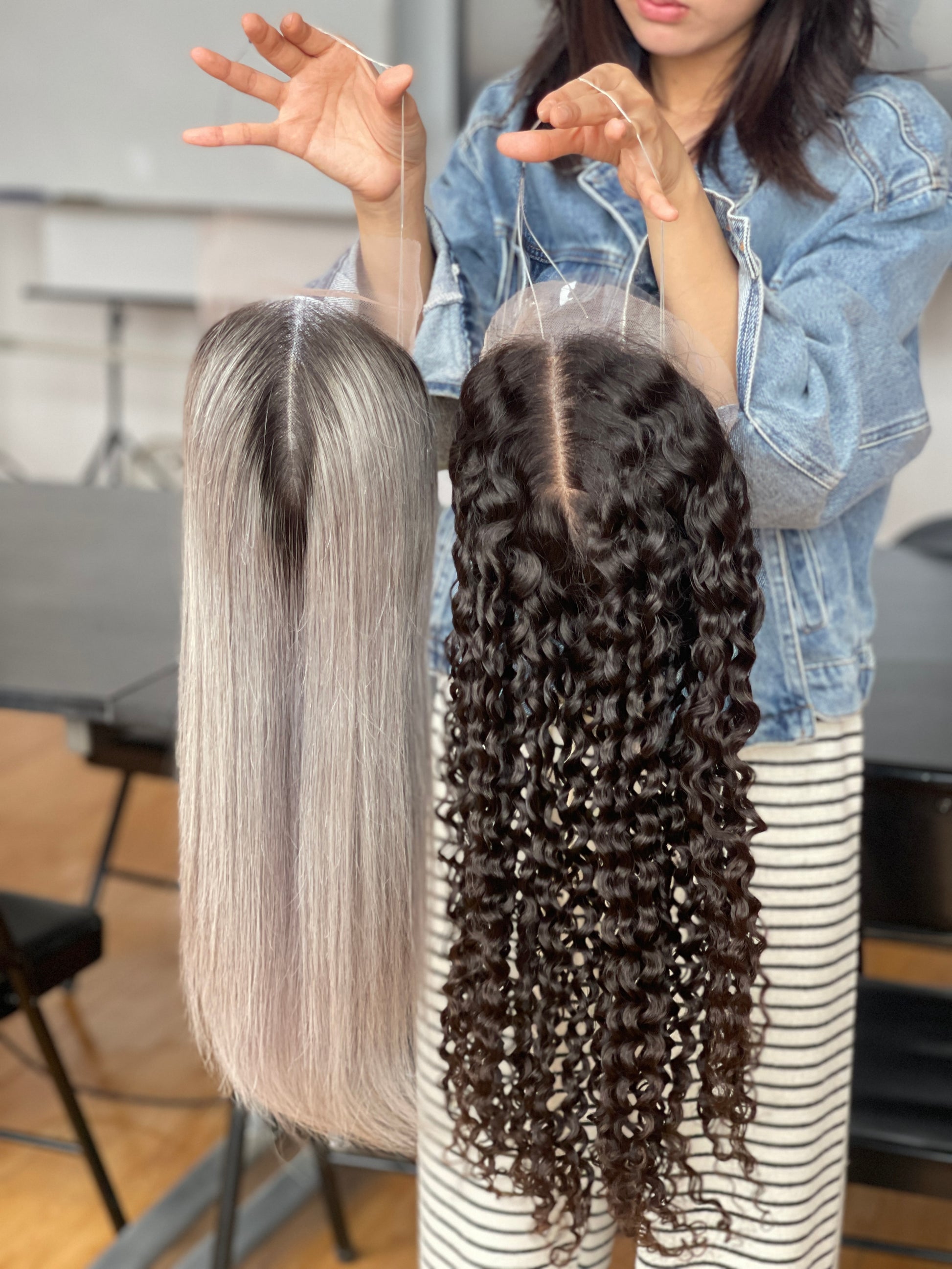 Natural Brown Long Curly Human Hair Topper Mini Wig, product view 7