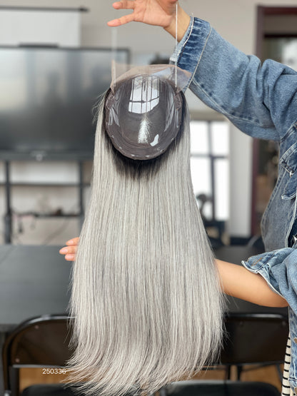 Silver Ash Blonde Long Straight Human Hair Topper Mini Wig, product view 6
