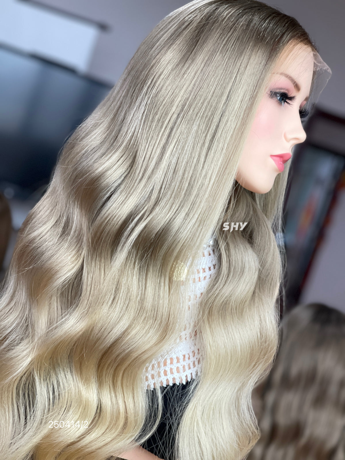 Ash Blonde Dark Root Middle-Part Body Wave Human Hair Lace Front Glueless Medical Wig, product view 7