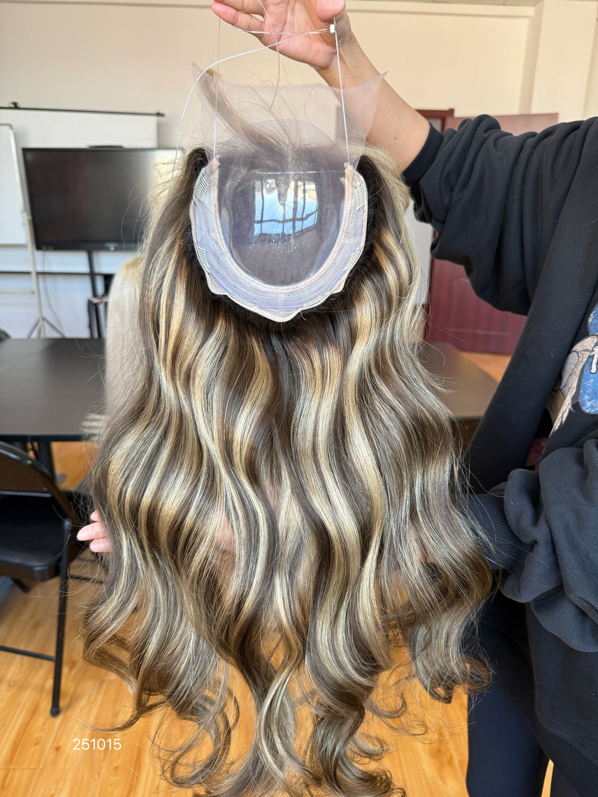 Chocolate Brown Rooted Blonde Long Wavy Human Hair Topper Mini Wig, product view 6