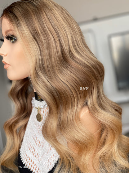 Dark Root Honey Blonde Ombre Middle-Part Body Wave Human Hair Lace Front Glueless Medical Wig, product view 7