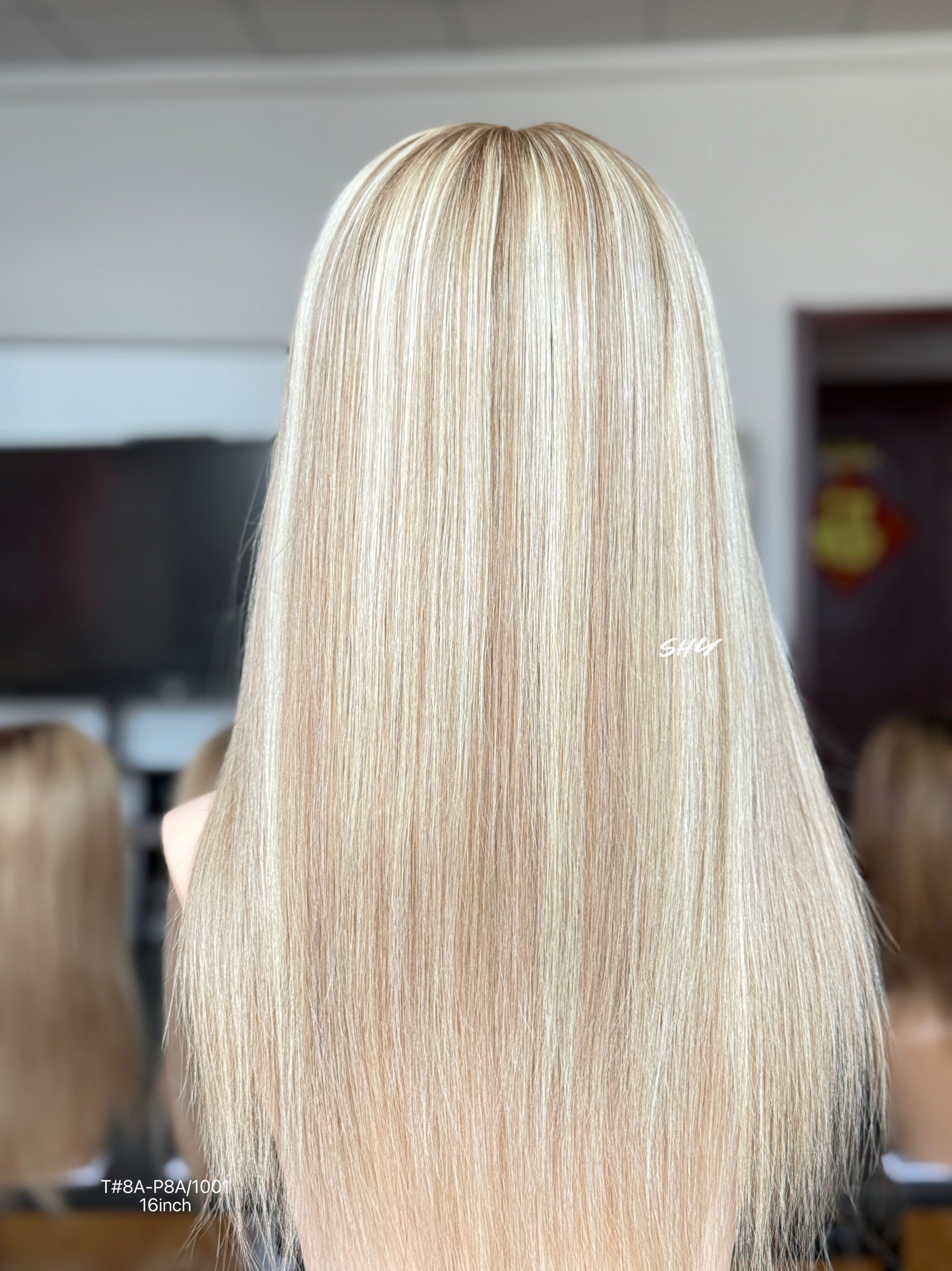 Beige Blonde Highlighted Middle-Part Shoulder-Length Straight Human Hair Lace Front Glueless Medical Wig, product view 7