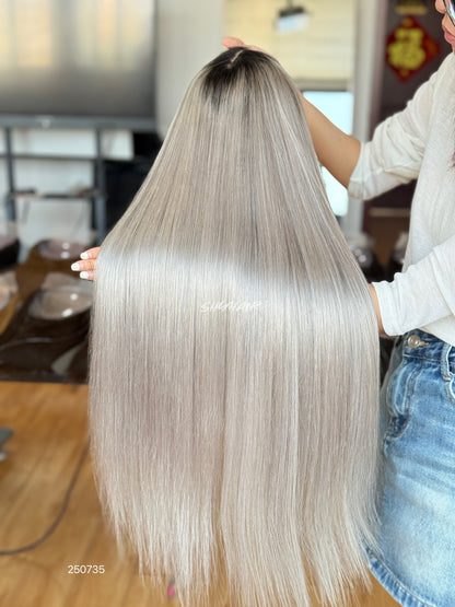 Highlighted Ash Brown Middle-Part Shoulder-Length Straight Human Hair Lace Front Glueless Medical Wig, product view 7