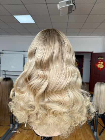 Dark Root Blonde Middle-Part Loose Wave Human Hair Lace Front Glueless Medical Wig, product view 7