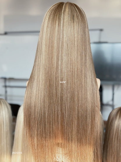 Brown Blonde Highlighted Middle-Part Long Straight Human Hair Lace Front Glueless Medical Wig, product view 7