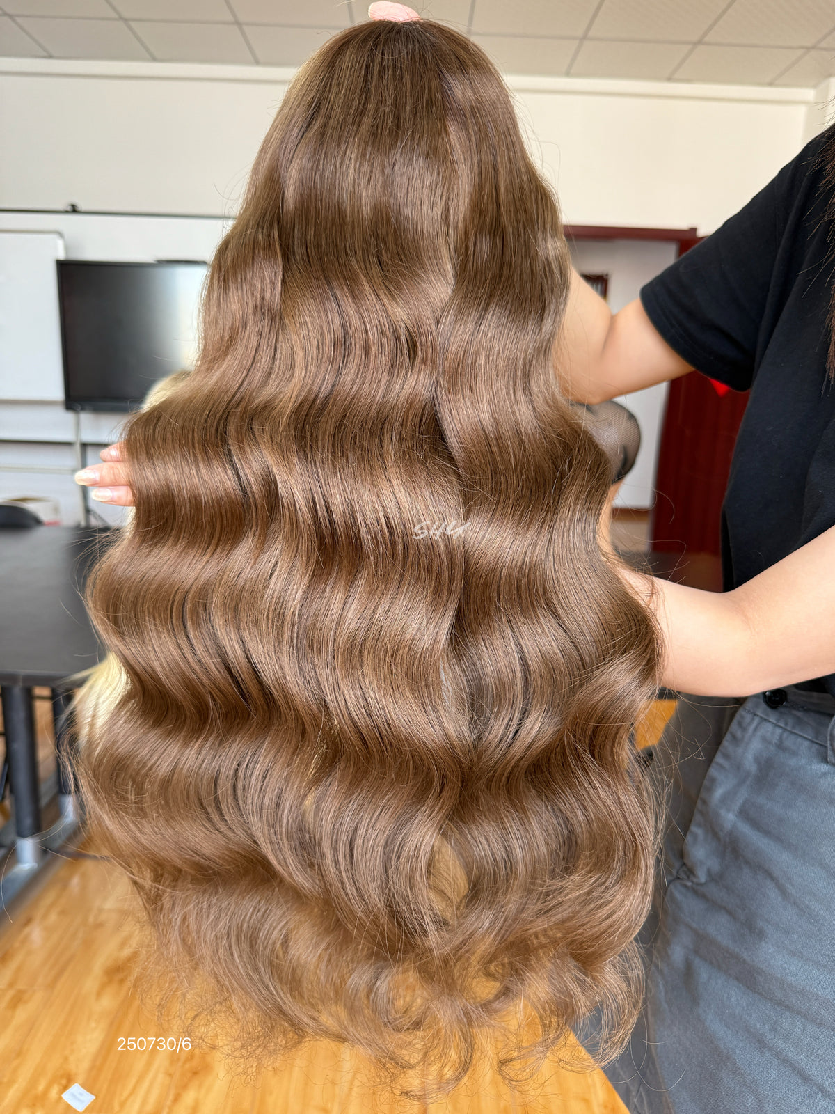 Chocolate Brown Middle-Part Long Wavy Human Hair Lace Front Glueless Medical Wig, product view 7