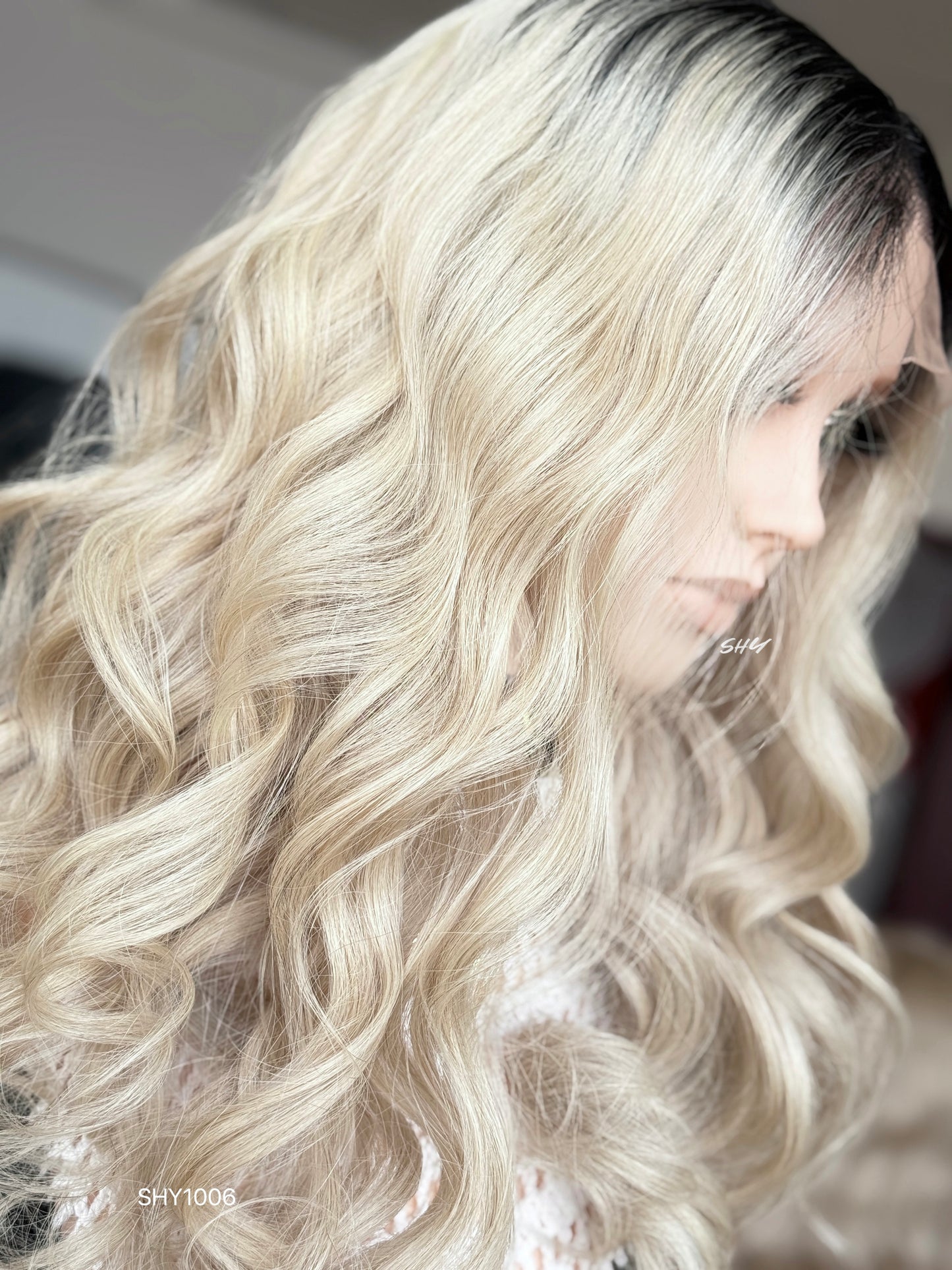 Black Root Blonde Middle-Part Loose Wave Human Hair Lace Front Glueless Medical Wig, product view 7