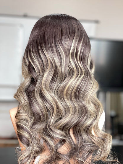 Ash Brown Blonde Highlighted Middle-Part Body Wave Human Hair Lace Front Glueless Medical Wig, product view 7