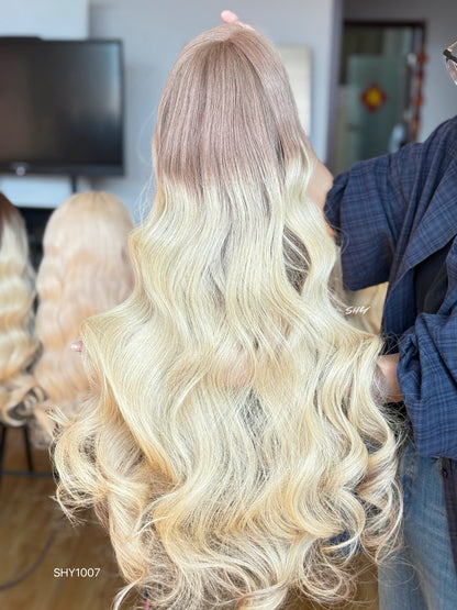 Rose Brown Root Blonde Middle-Part Body Wave Human Hair Lace Front Glueless Medical Wig, product view 7