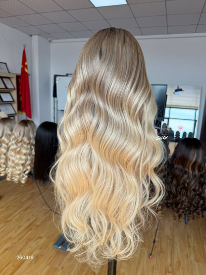 Dark Root Ash Blonde Middle-Part Body Wave Human Hair Lace Front Glueless Medical Wig, product view 7