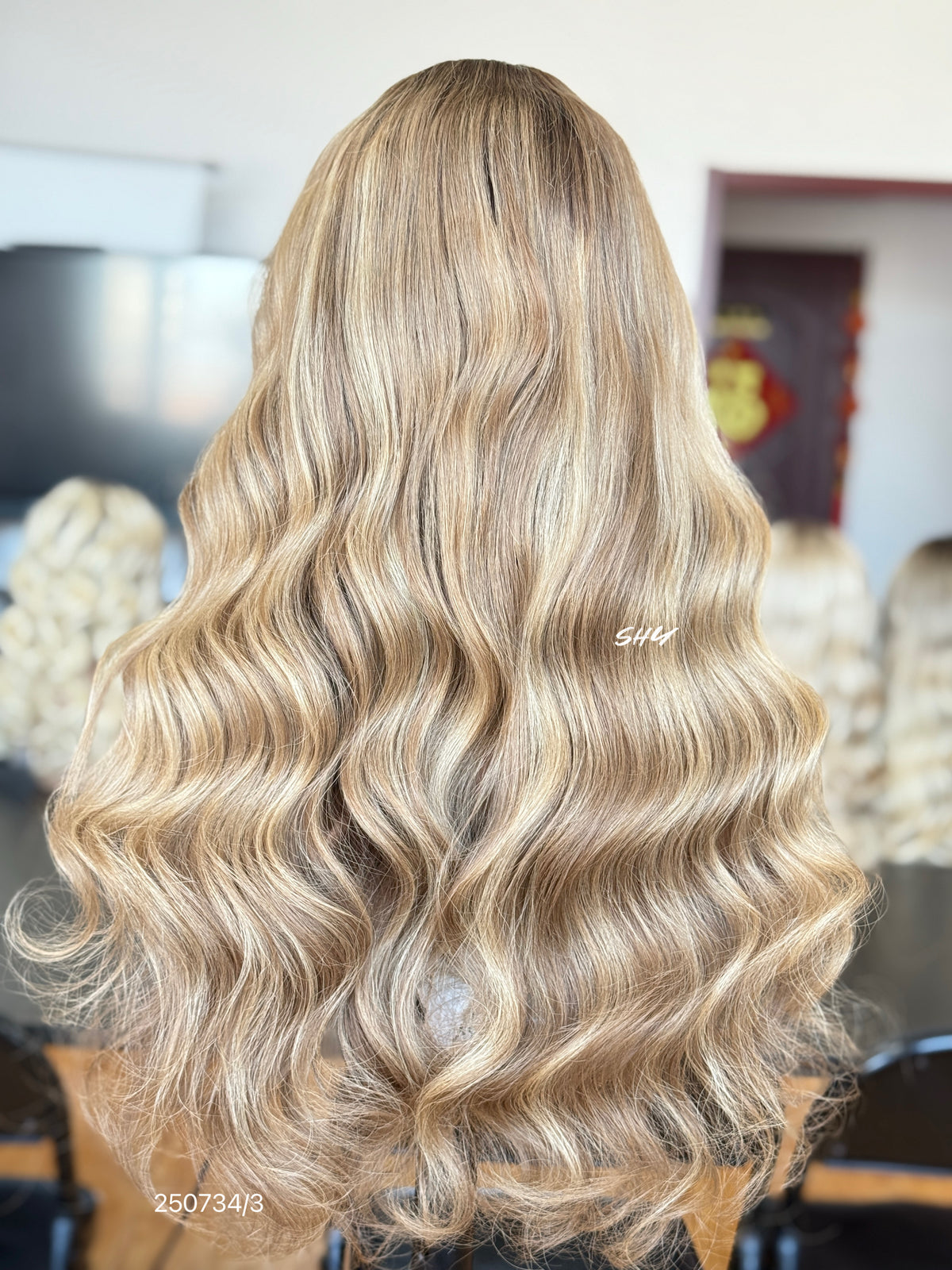 Honey Brown Blonde Highlighted Middle-Part Body Wave Human Hair Lace Front Glueless Medical Wig, product view 7