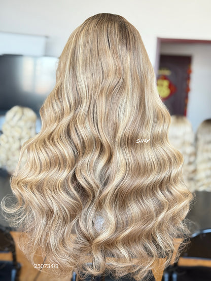 Honey Brown Blonde Highlighted Middle-Part Body Wave Human Hair Lace Front Glueless Medical Wig, product view 7