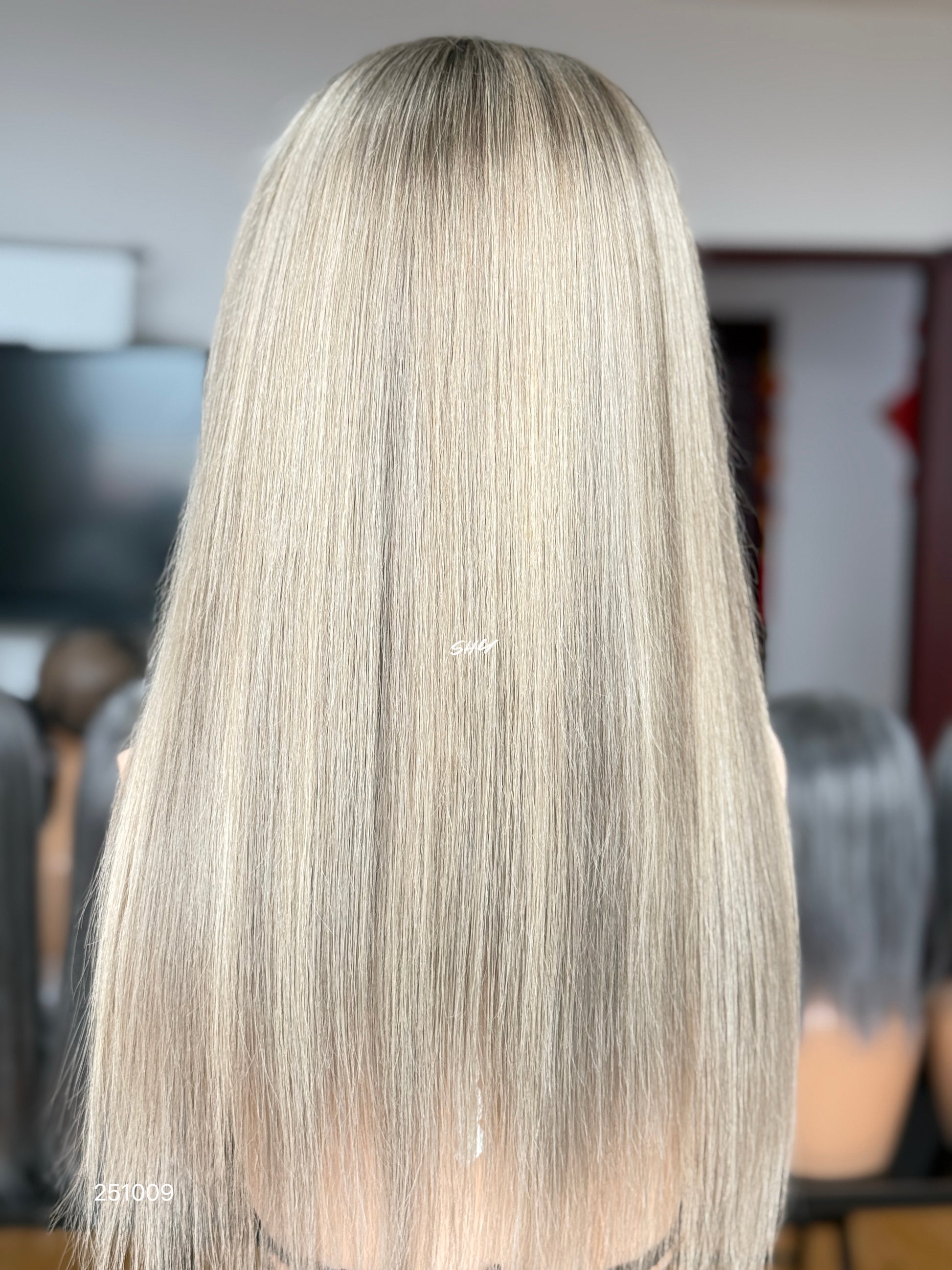 Ash Blonde Highlighted Full Bangs Shoulder-Length Straight Human Hair Lace Front Glueless Medical Wig, product view 7