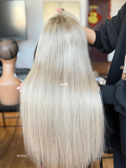 Silver Blonde Middle-Part Long Straight Human Hair Lace Front Glueless Medical Wig, product view 7