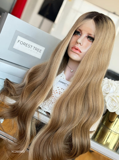 Dark Root Sandy Blonde Middle-Part Long Wavy Human Hair Sheitel Wig, product view 7