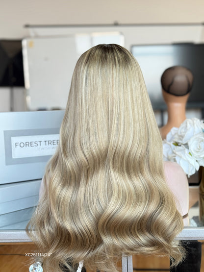 Dark Root Champagne Blonde Long Wavy Human Hair Sheitel Wig, product view 7