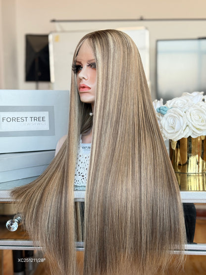 Light Ash Blonde Middle-Part Long Straight Human Hair Sheitel Wig, product view 7