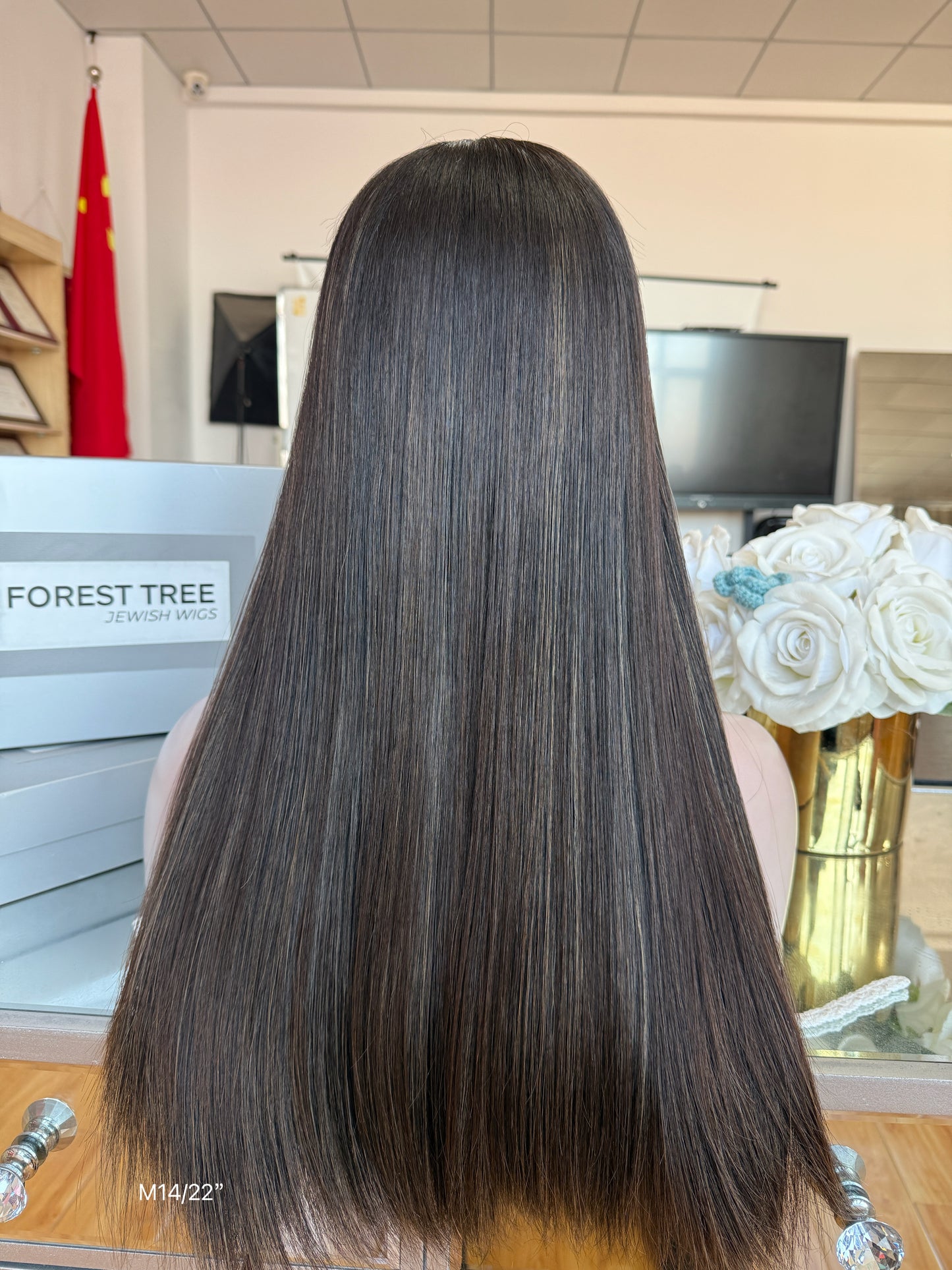 Dark Espresso Brown Middle-Part Long Straight Human Hair Sheitel Wig, product view 7