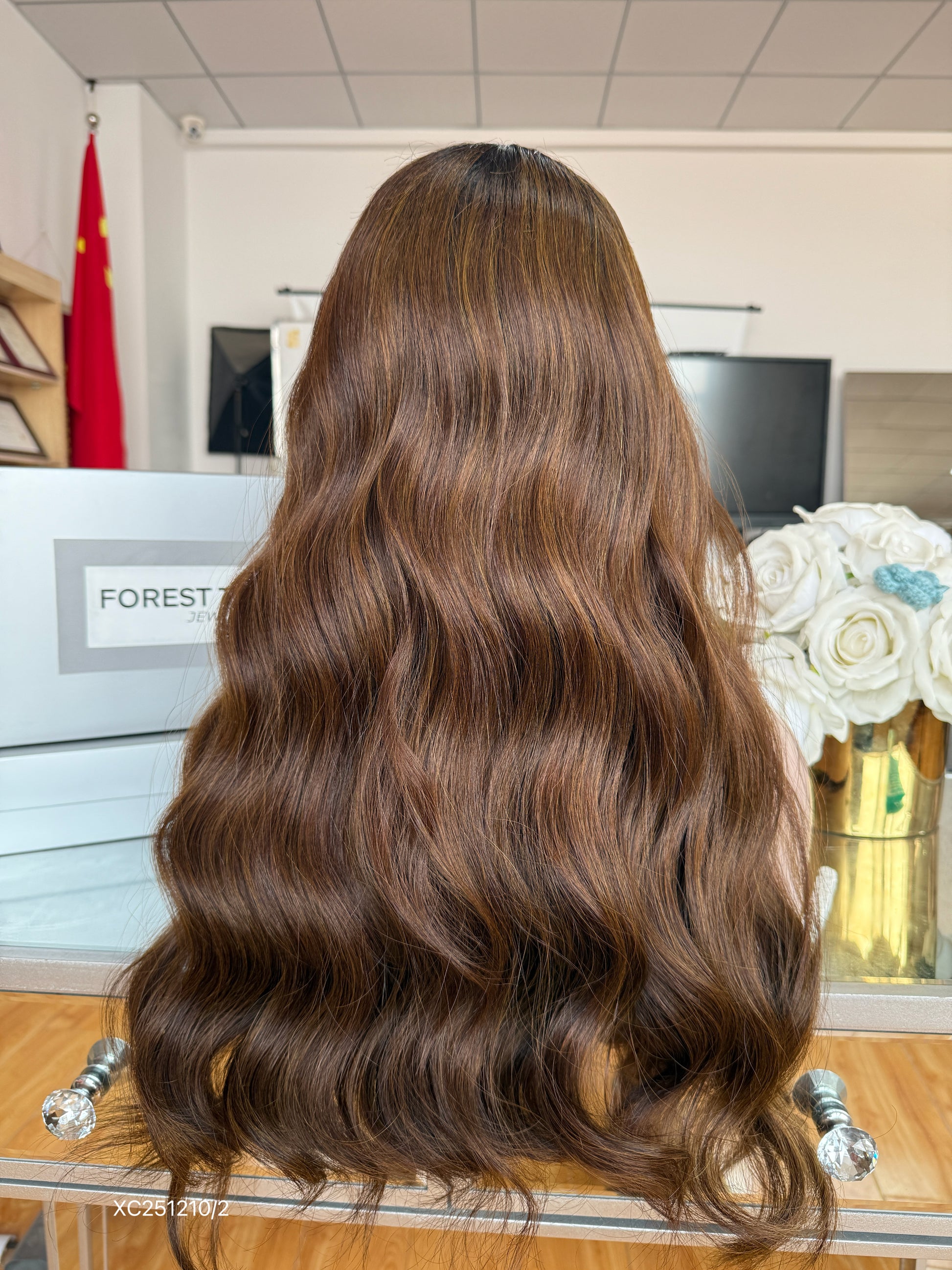 Warm Chocolate Brown Middle-Part Long Wavy Human Hair Sheitel Wig, product view 7