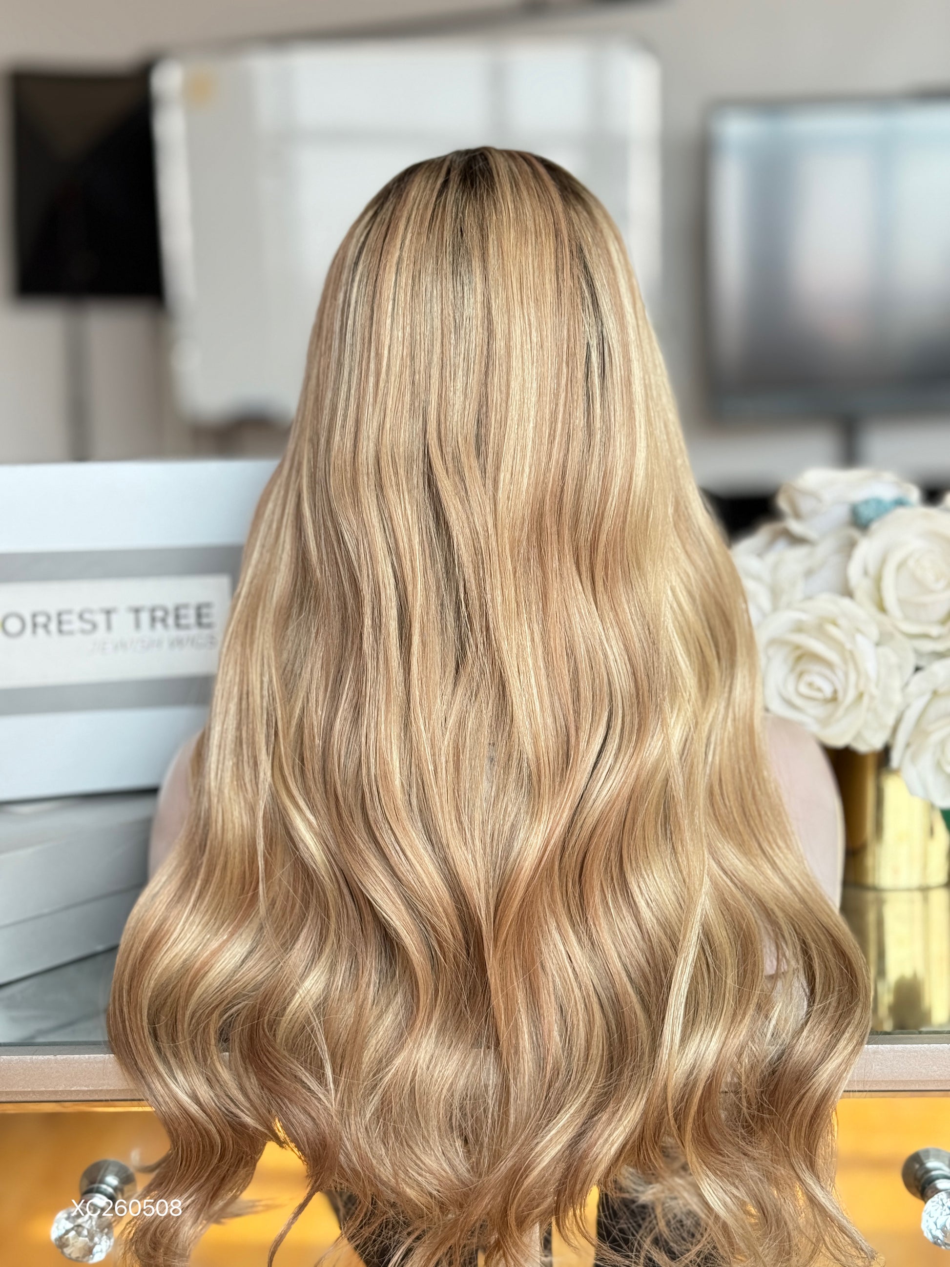 Dark Root Vanilla Blonde Middle-Part Long Wavy Human Hair Sheitel Wig, product view 7