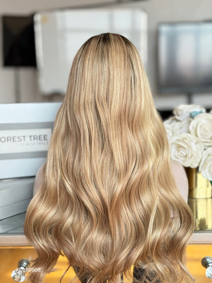 Dark Root Vanilla Blonde Middle-Part Long Wavy Human Hair Sheitel Wig, product view 7
