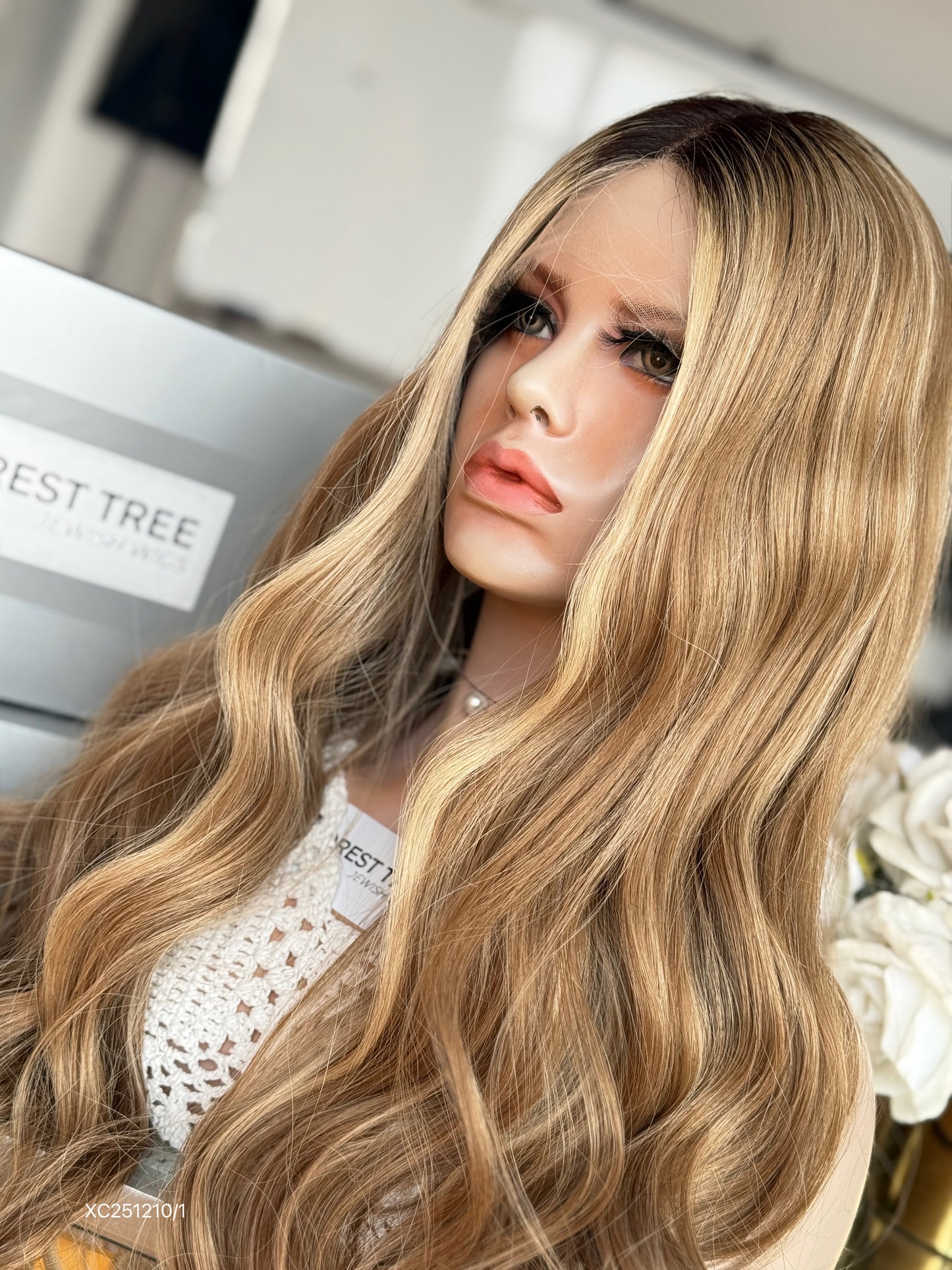 Dark Root Honey Blonde Middle-Part Long Wavy Human Hair Sheitel Wig, product view 7