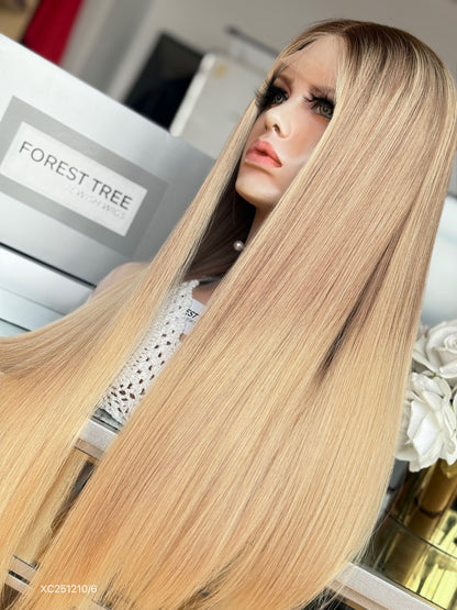 Champagne Blonde Middle-Part Long Straight Human Hair Sheitel Wig, product view 7