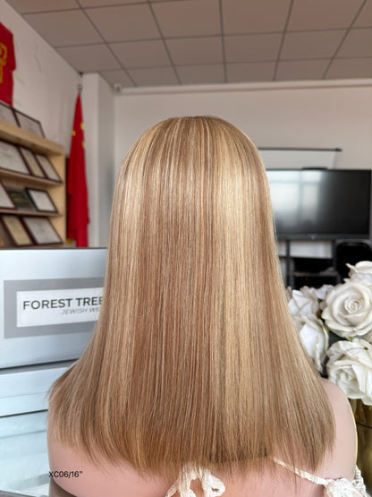 Caramel Blonde Middle-Part Shoulder-Length Straight Human Hair Sheitel Wig, product view 7