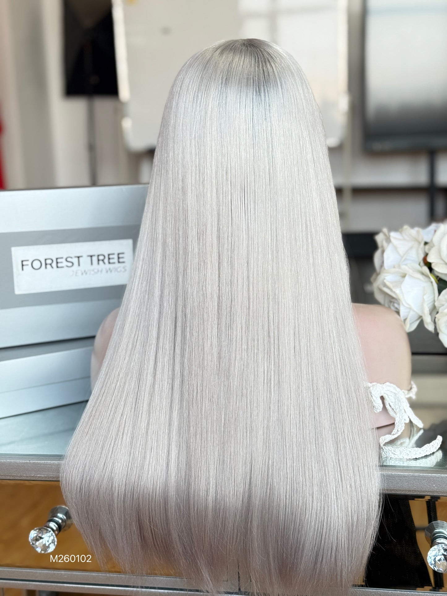 Platinum Blonde Middle-Part Long Straight Human Hair Sheitel Wig, product view 7