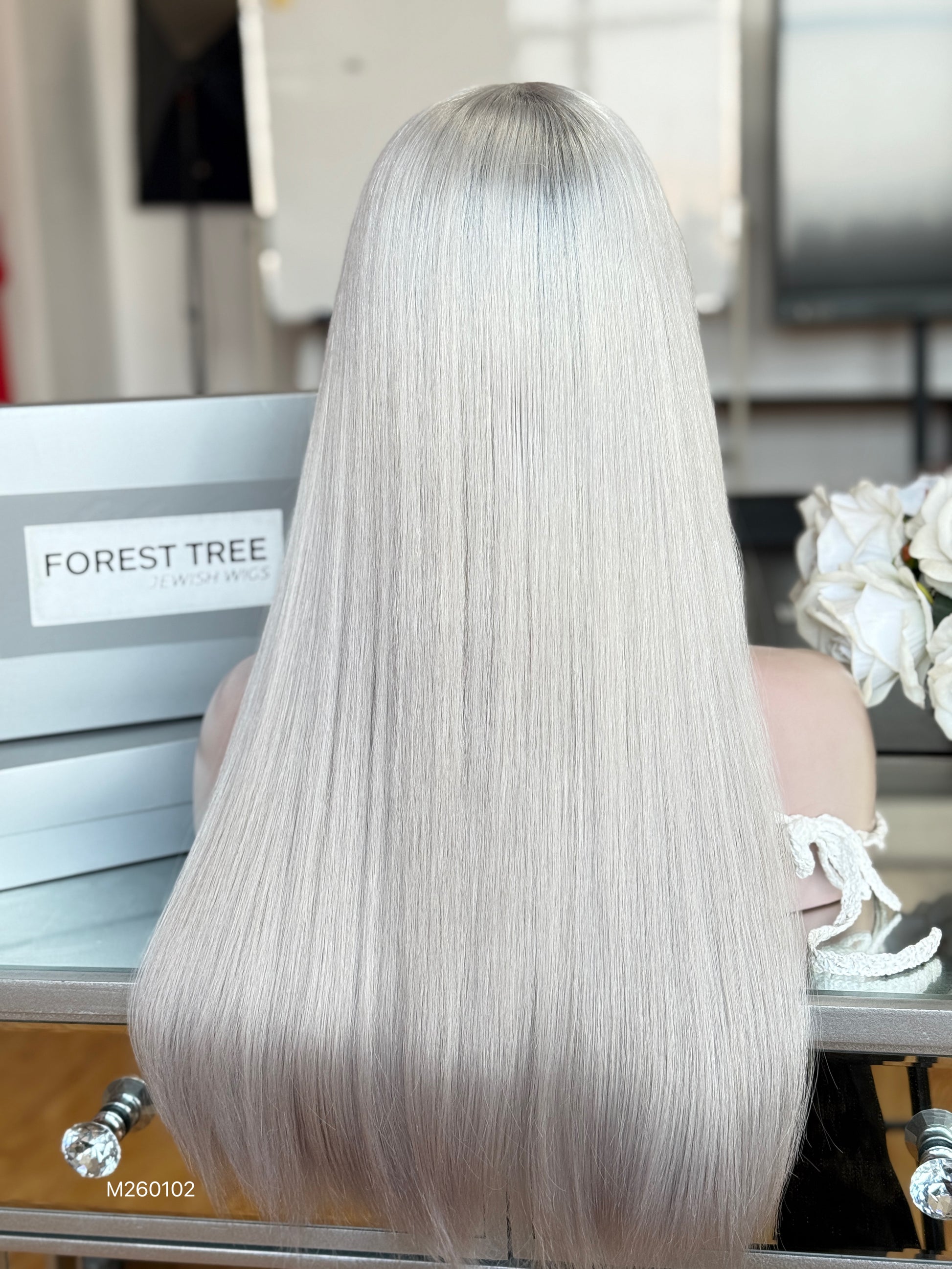 Platinum Blonde Middle-Part Long Straight Human Hair Sheitel Wig, product view 7