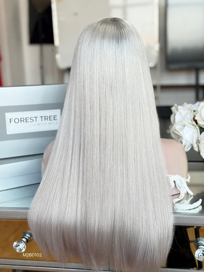 Platinum Blonde Middle-Part Long Straight Human Hair Sheitel Wig, product view 7
