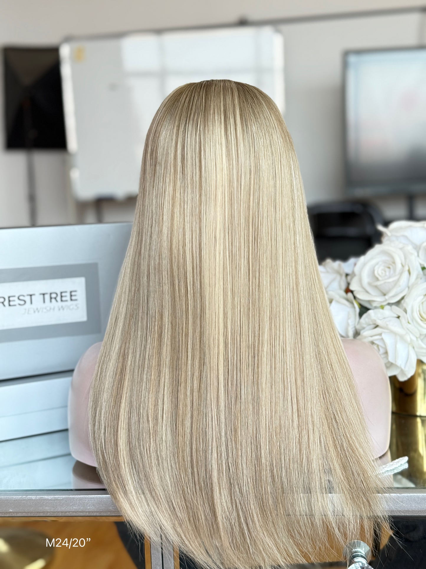 Pale Blonde Middle-Part Long Straight Human Hair Sheitel Wig, product view 7