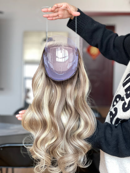 Ash Blonde Center-Part Long Wavy Human Hair Topper Mini Wig, product view 8