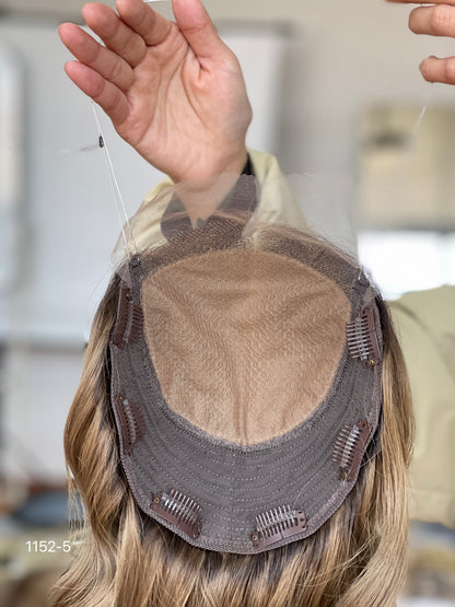 Chocolate Brown Dark-Root Long Wavy Human Hair Topper Mini Wig, product view 7