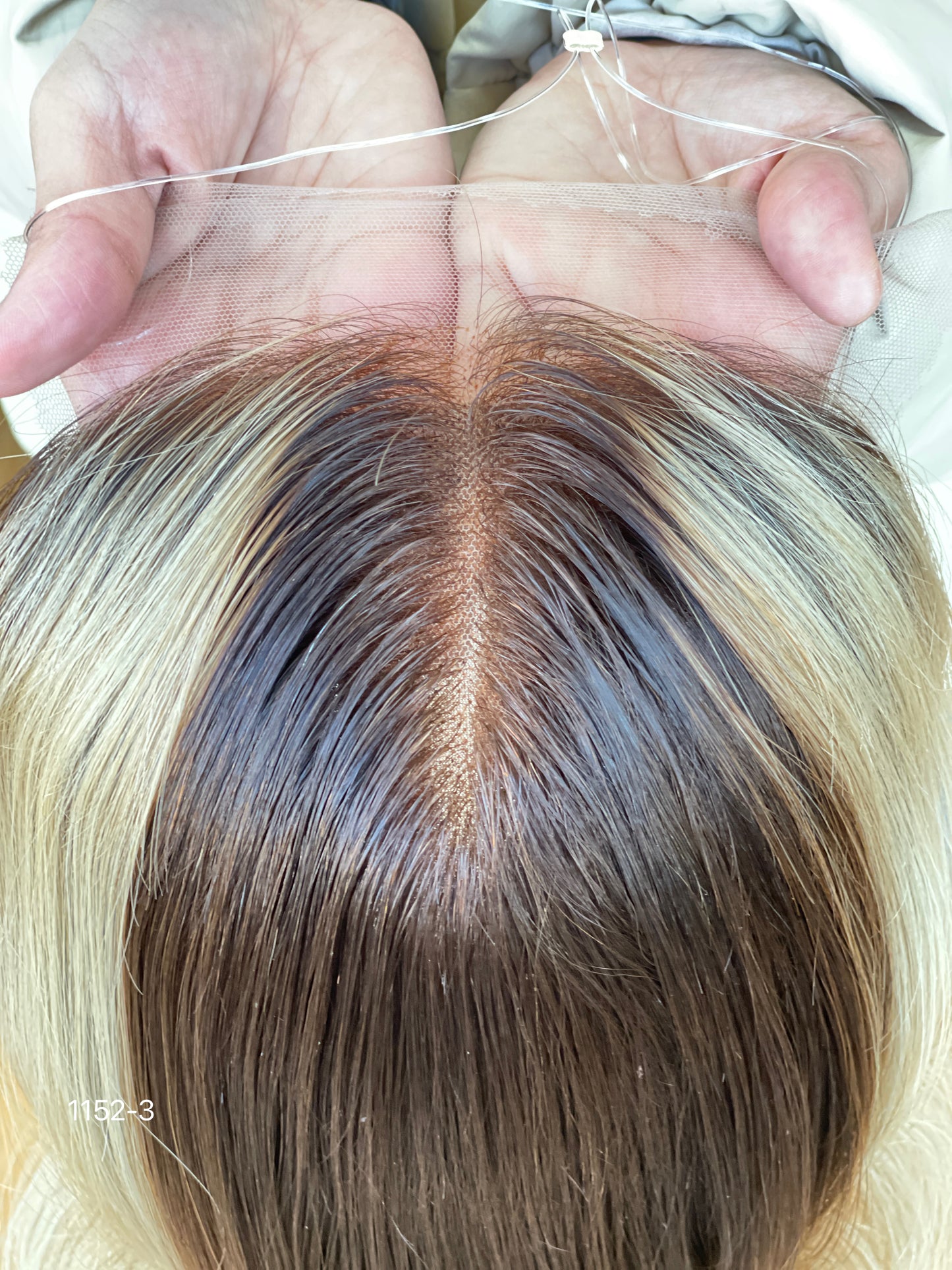 Chocolate Brown Dark-Root Blonde Highlighted Long Wavy Human Hair Topper Mini Wig, product view 6