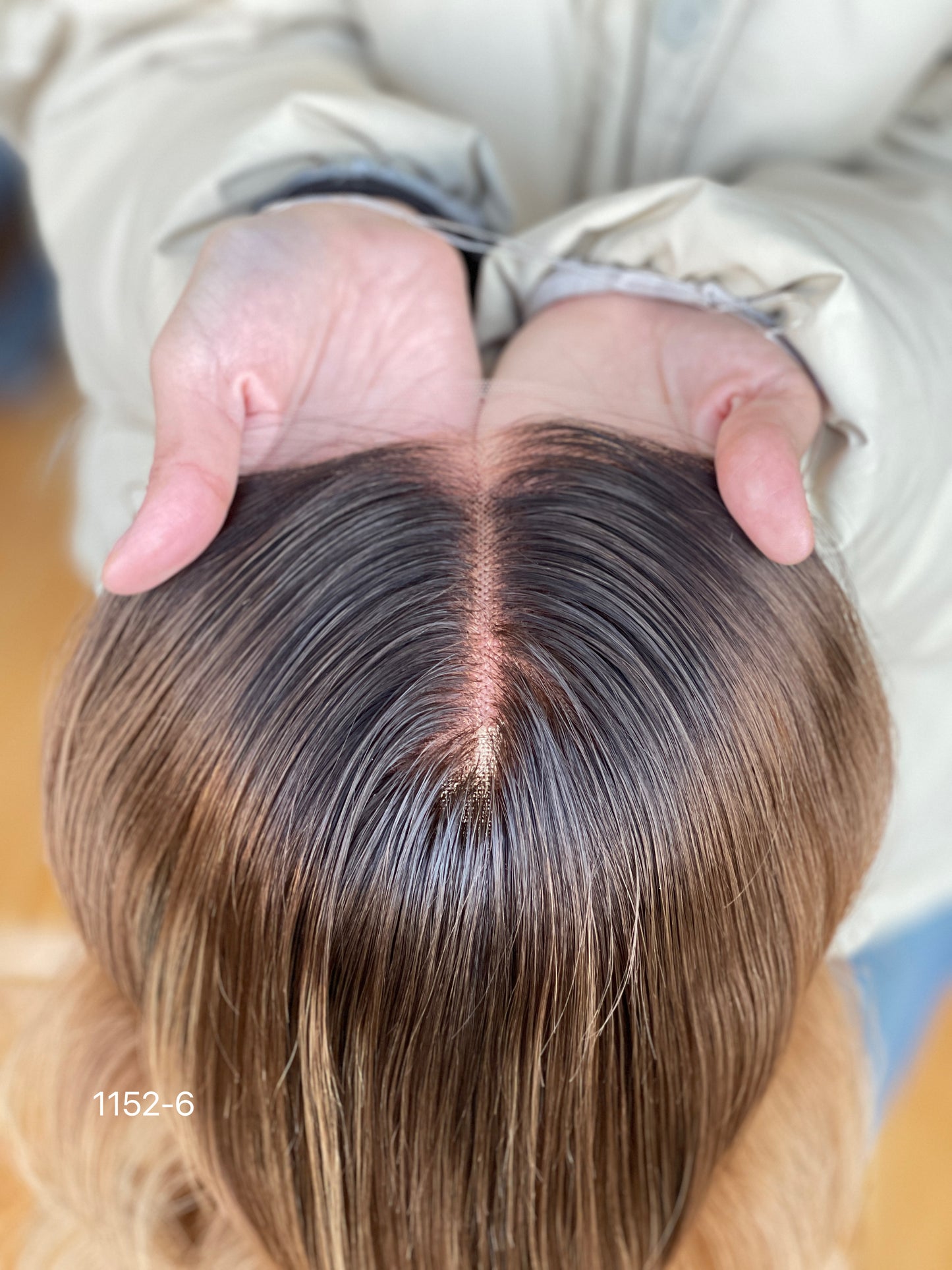 Chocolate Brown Dark-Root Caramel Highlighted Long Wavy Human Hair Topper Mini Wig, product view 6