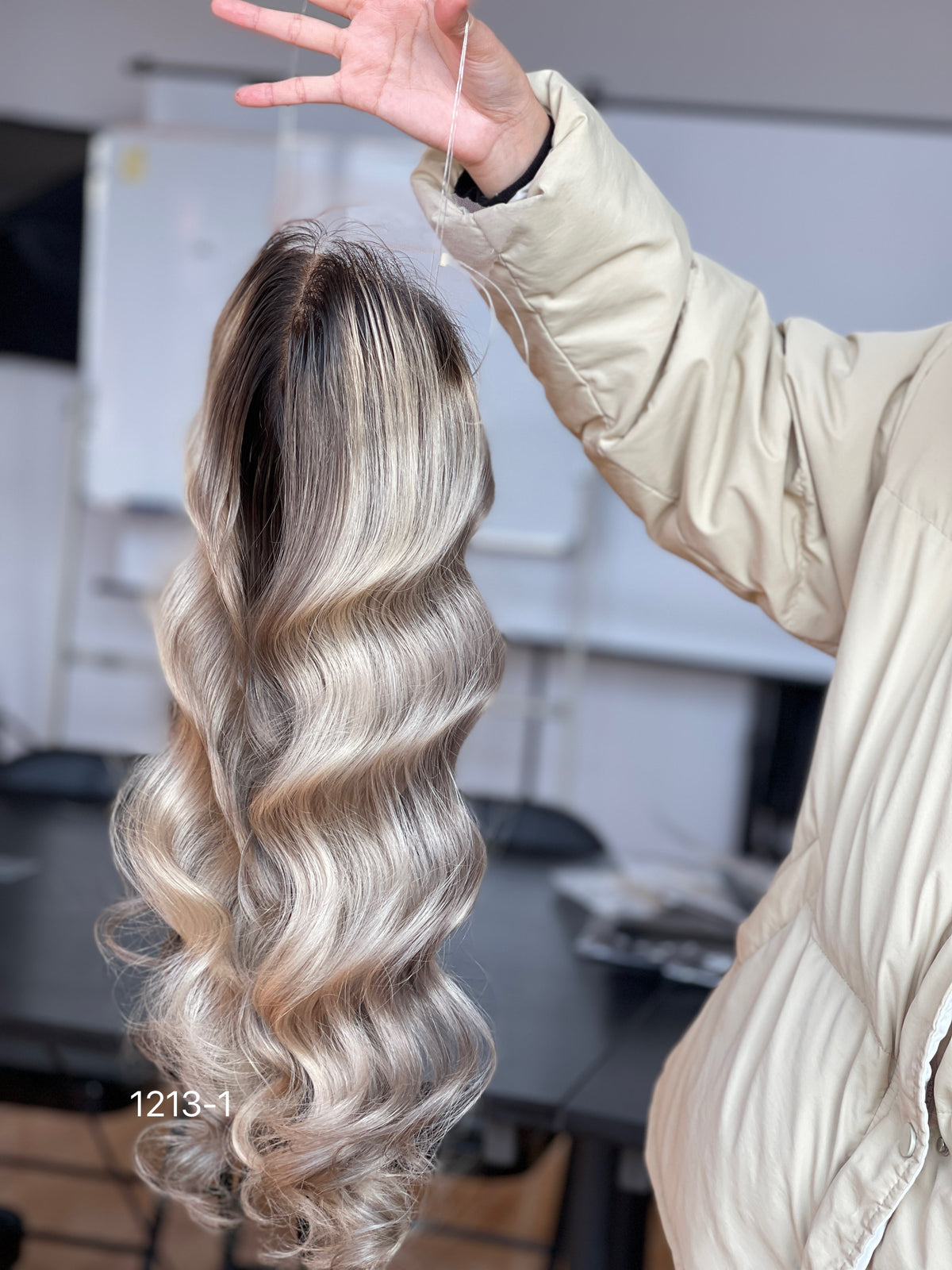 Ash Brown Dark-Root Blonde Highlighted Long Wavy Human Hair Topper Mini Wig, product view 7