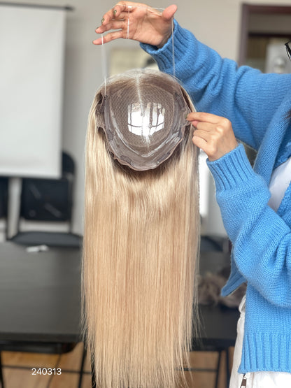 Chocolate Brown Dark-Root Long Wavy Human Hair Topper Mini Wig, product view 7