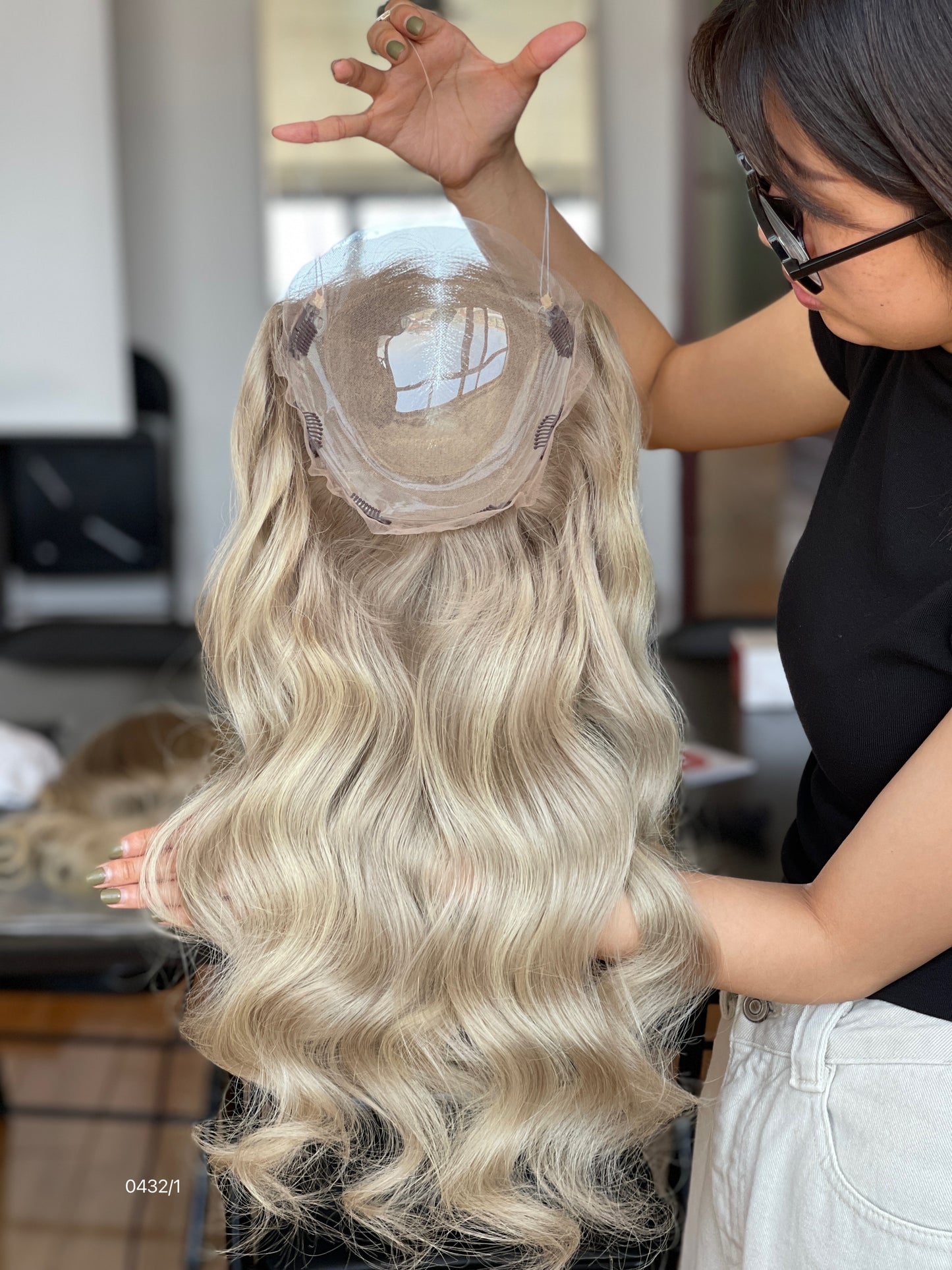 Ash Brown Dark-Root Blonde Highlighted Long Wavy Human Hair Topper Mini Wig, product view 6