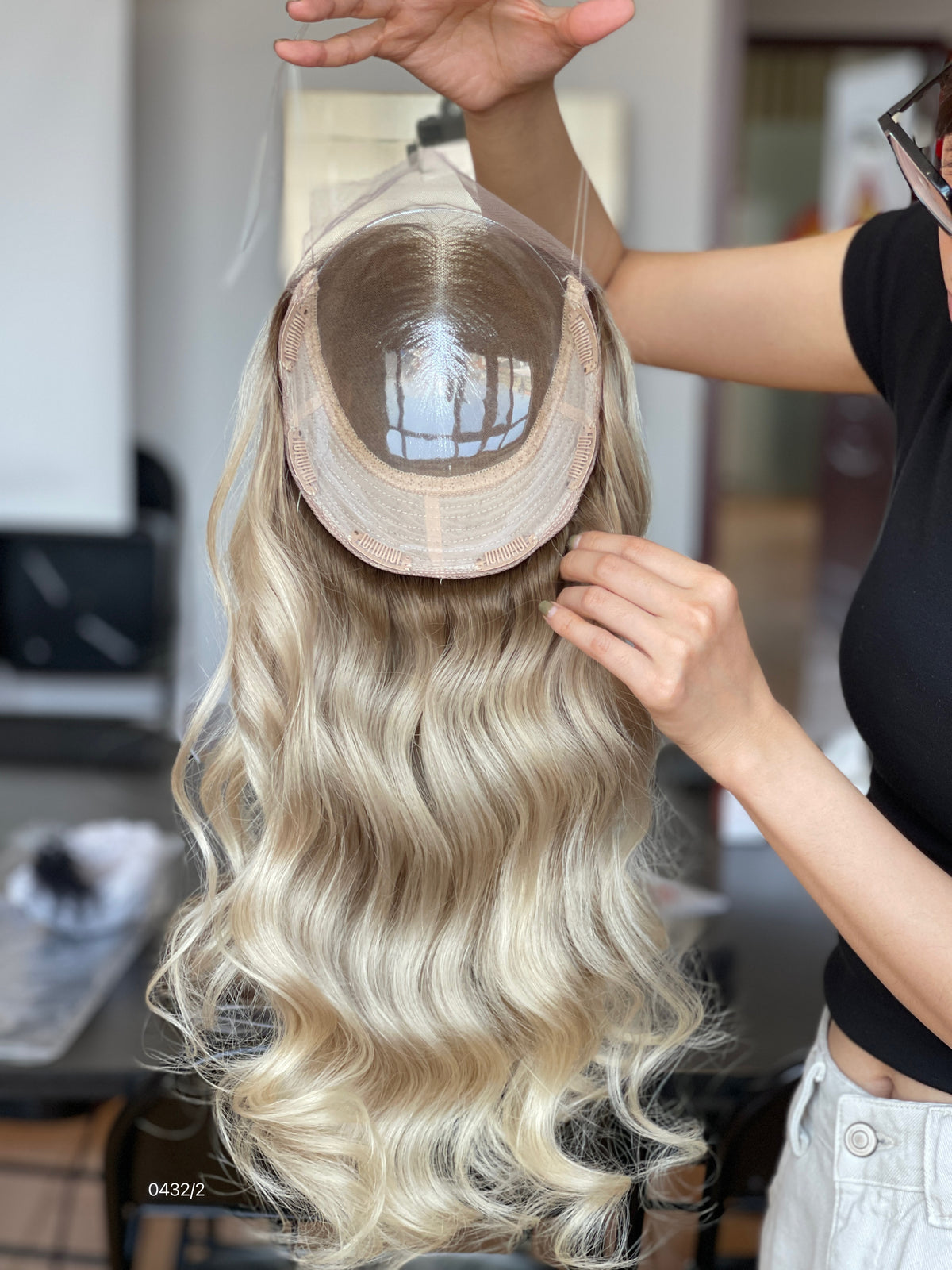 Ash Brown Dark-Root Long Wavy Human Hair Topper Mini Wig, product view 6