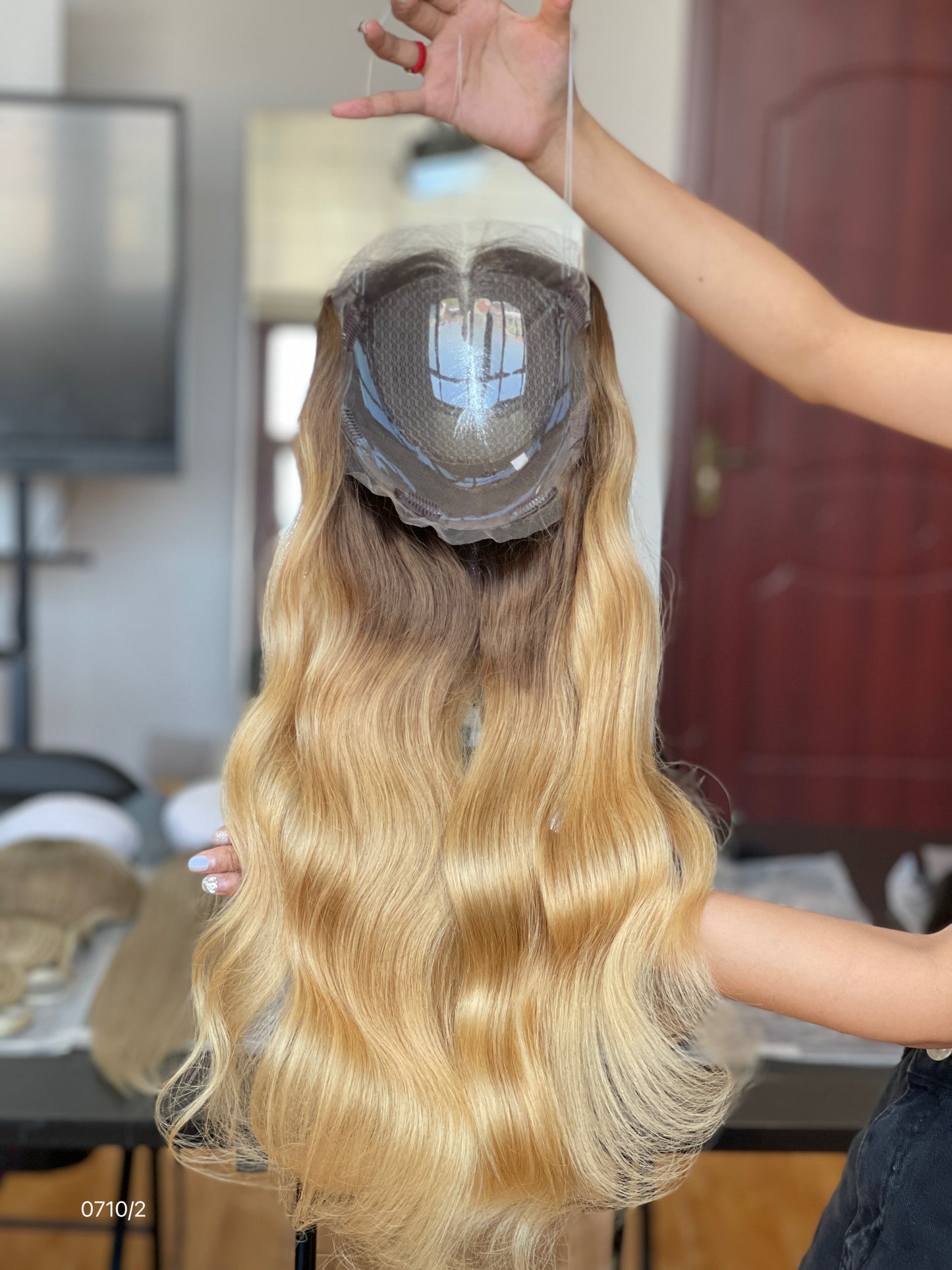 Warm Brown Dark-Root Blonde Highlighted Long Wavy Human Hair Topper Mini Wig, product view 6