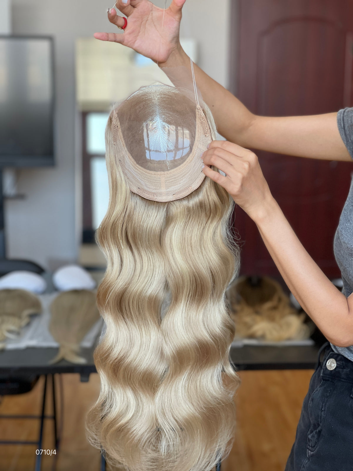 Ash Brown Dark-Root Long Wavy Human Hair Topper Mini Wig, product view 6