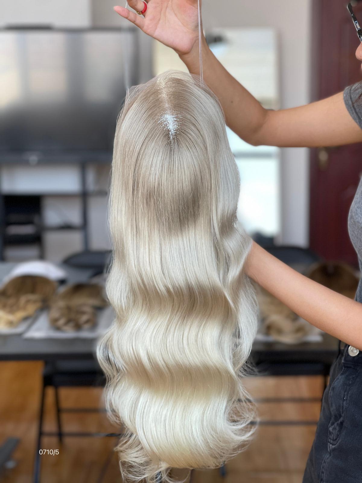 Ash Brown Center-Part Long Straight Human Hair Topper Mini Wig, product view 6