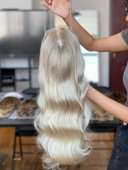 Ash Brown Center-Part Long Straight Human Hair Topper Mini Wig, product view 6