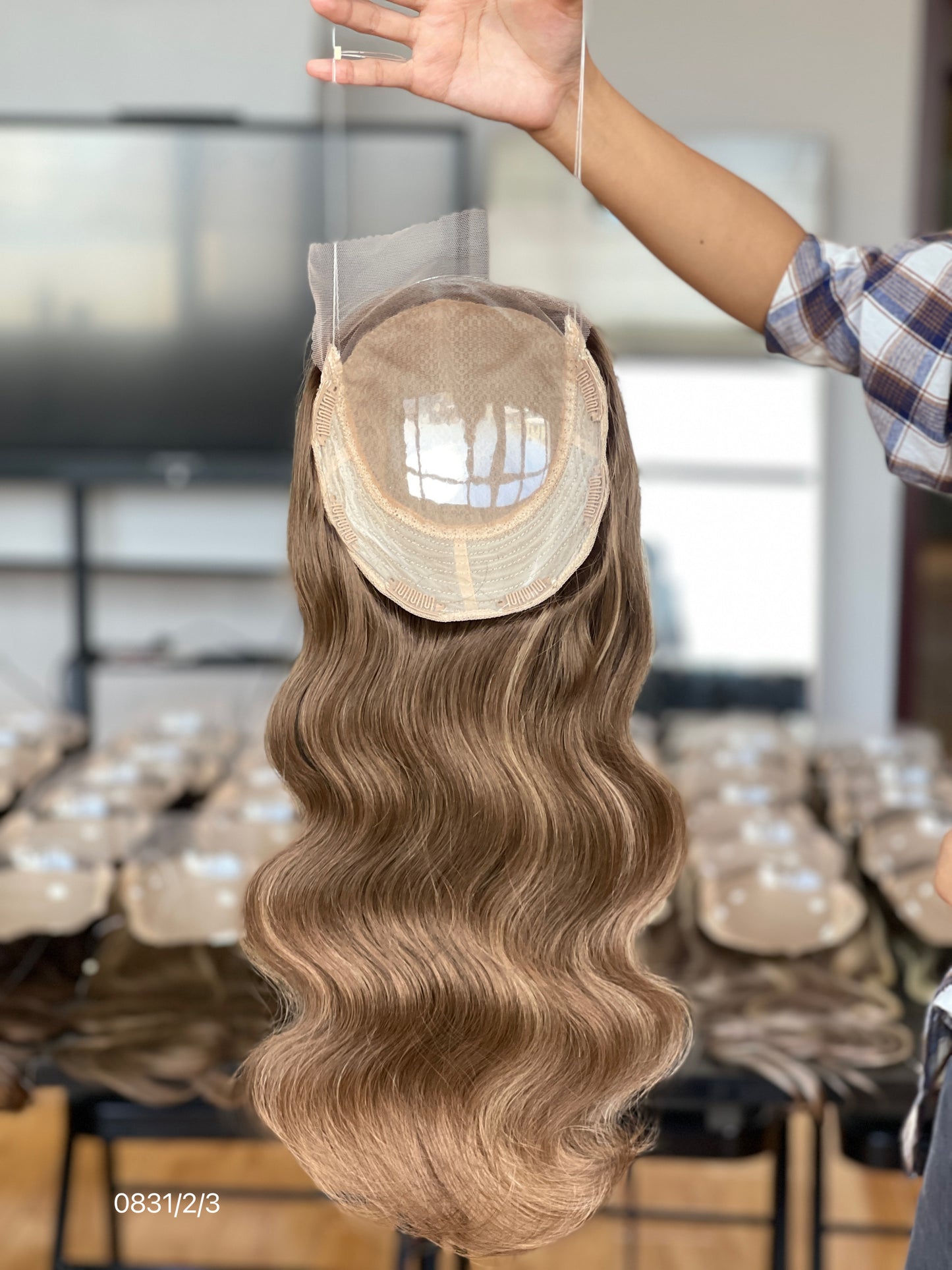 Chocolate Brown Center-Part Long Wavy Human Hair Topper Mini Wig, product view 4